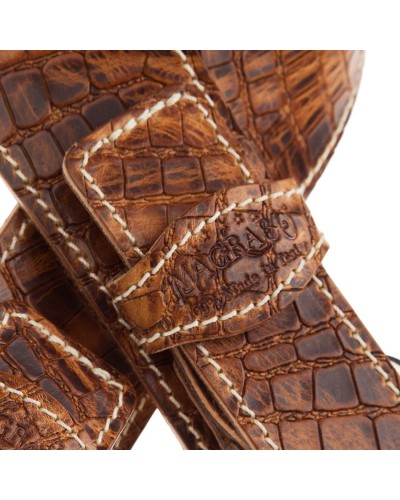 Guitar Strap Brown Certified Vegetable Tanned Leather 7 Cm Skull & Roses Croco Lux Twin Buckle TS Embossed 