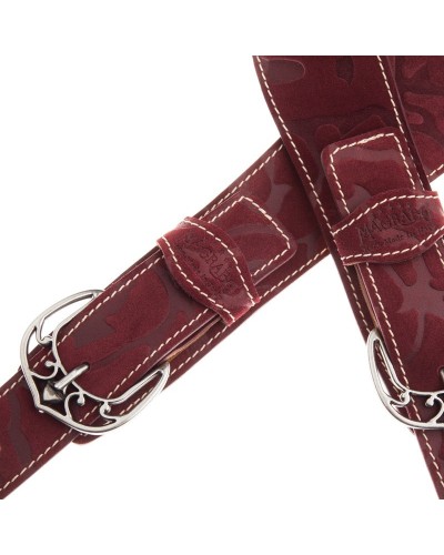 Tracolla per Chitarra e Basso Bordeaux Vera Pelle 7 Cm Queen Damasco Twin Buckle TS Embossed 