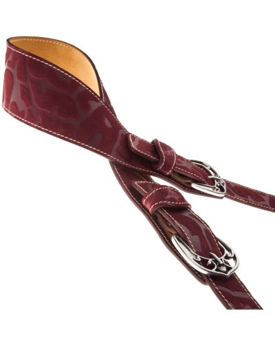 Tracolla per Chitarra e Basso Bordeaux Vera Pelle 7 Cm Queen Damasco Twin Buckle TS Embossed 