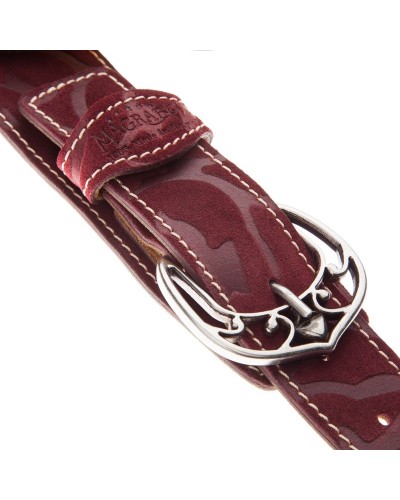 Tracolla per Chitarra e Basso Bordeaux Vera Pelle 7 Cm Queen Damasco Twin Buckle TS Embossed 