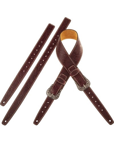 Tracolla per Chitarra e Basso Bordeaux Vera Pelle Conciata Al Vegetale 7 Cm Sun Flores Twin Buckle TS Embossed 