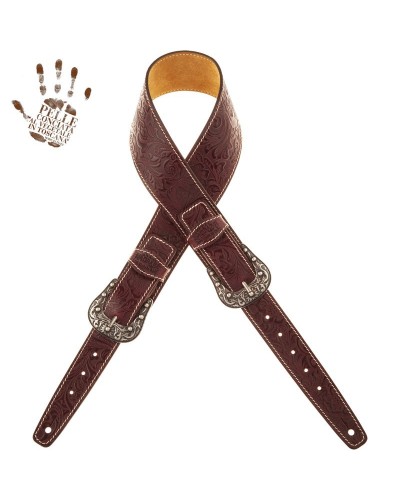 Tracolla per Chitarra e Basso Bordeaux Vera Pelle Conciata Al Vegetale 7 Cm Sun Flores Twin Buckle TS Embossed 