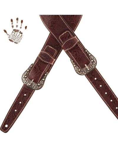 Tracolla per Chitarra e Basso Bordeaux Vera Pelle Conciata Al Vegetale 7 Cm Sun Flores Twin Buckle TS Embossed 