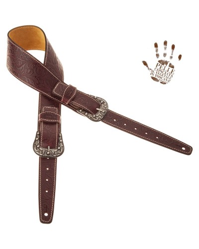 Tracolla per Chitarra e Basso Bordeaux Vera Pelle Conciata Al Vegetale 7 Cm Sun Flores Twin Buckle TS Embossed 