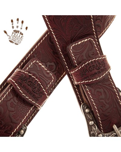 Tracolla per Chitarra e Basso Bordeaux Vera Pelle Conciata Al Vegetale 7 Cm Sun Flores Twin Buckle TS Embossed 