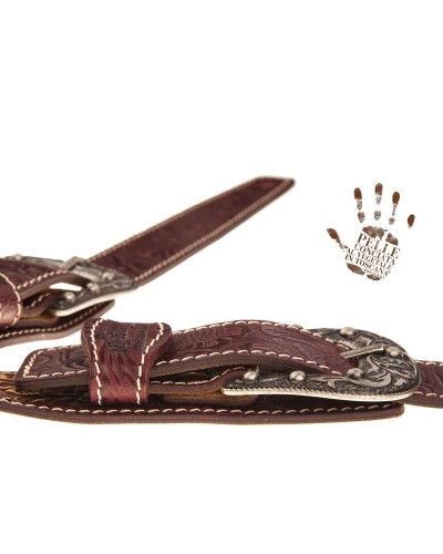 Tracolla per Chitarra e Basso Bordeaux Vera Pelle Conciata Al Vegetale 7 Cm Sun Flores Twin Buckle TS Embossed 