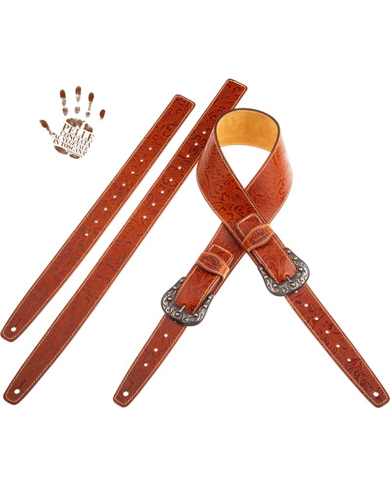 Guitar Strap Brown Certified Vegetable Tanned Leather 7 Cm Sun Flores Twin Buckle TS Embossed 