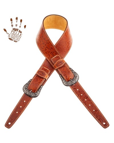 Guitar Strap Brown Certified Vegetable Tanned Leather 7 Cm Sun Flores Twin Buckle TS Embossed 