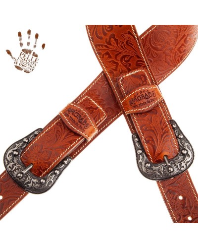 Tracolla per Chitarra e Basso Marrone Vera Pelle Conciata Al Vegetale 7 Cm Sun Flores Twin Buckle TS Embossed 