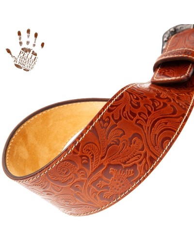 Tracolla per Chitarra e Basso Marrone Vera Pelle Conciata Al Vegetale 7 Cm Sun Flores Twin Buckle TS Embossed 