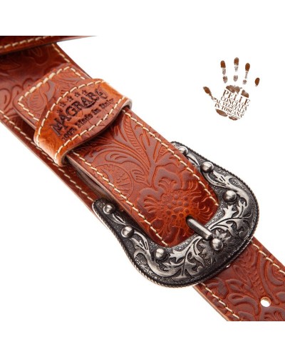 Tracolla per Chitarra e Basso Marrone Vera Pelle Conciata Al Vegetale 7 Cm Sun Flores Twin Buckle TS Embossed 