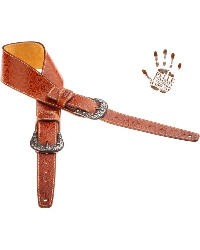 magrabò guitar straps | twin buckle ts embossed flores brown 7 cm sun silver buckle