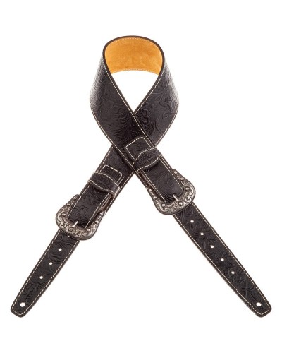 Guitar Strap Black Certified Vegetable Tanned Leather 7 Cm Sun Flores Twin Buckle TS Embossed 