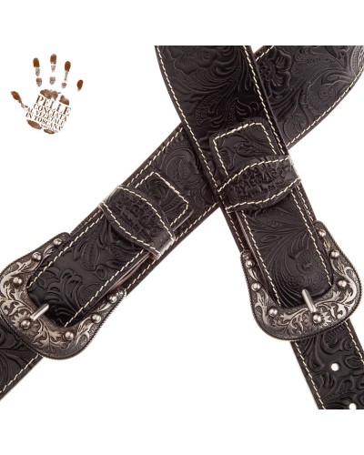 Tracolla per Chitarra e Basso Nero Vera Pelle Conciata Al Vegetale 7 Cm Sun Flores Twin Buckle TS Embossed 