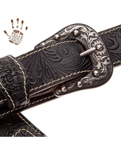 Tracolla per Chitarra e Basso Nero Vera Pelle Conciata Al Vegetale 7 Cm Sun Flores Twin Buckle TS Embossed 