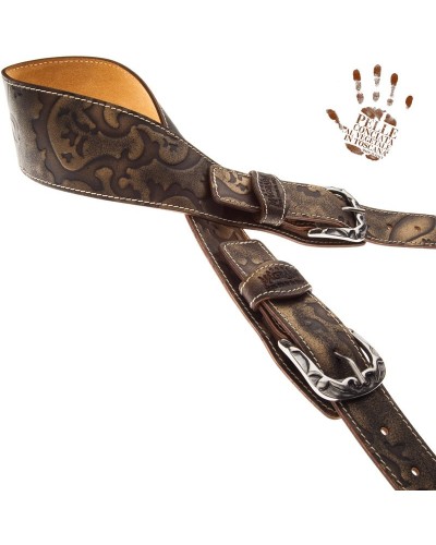 Guitar Strap Bronze Certified Vegetable Tanned Leather 7 Cm Flames Grifo Twin Buckle TS Embossed 