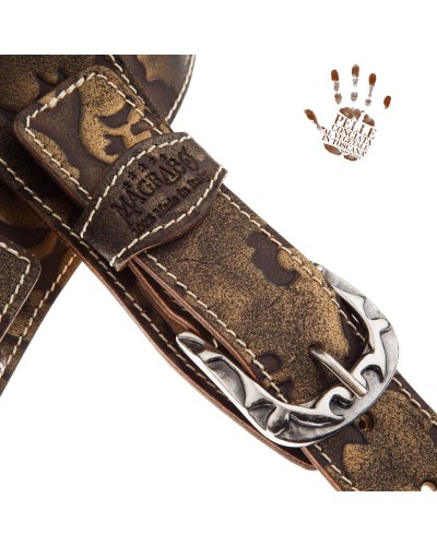 Guitar Strap Bronze Certified Vegetable Tanned Leather 7 Cm Flames Grifo Twin Buckle TS Embossed 