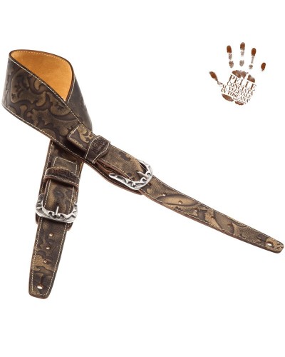 Guitar Strap Bronze Certified Vegetable Tanned Leather 7 Cm Flames Grifo Twin Buckle TS Embossed 