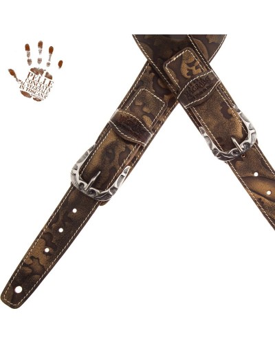 Guitar Strap Bronze Certified Vegetable Tanned Leather 7 Cm Flames Grifo Twin Buckle TS Embossed 