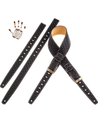 Guitar Strap Black Certified Vegetable Tanned Leather 7 Cm Tongue Intreccio Twin Buckle TS Embossed 