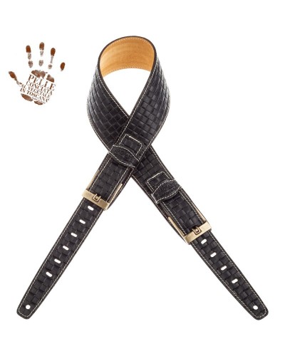 Guitar Strap Black Certified Vegetable Tanned Leather 7 Cm Tongue Intreccio Twin Buckle TS Embossed 