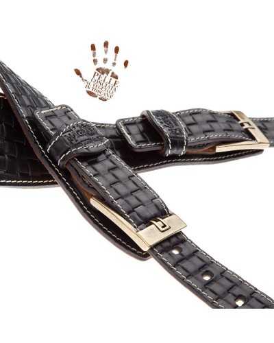 Guitar Strap Black Certified Vegetable Tanned Leather 7 Cm Tongue Intreccio Twin Buckle TS Embossed 