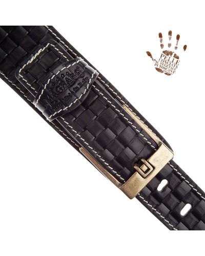 Guitar Strap Black Certified Vegetable Tanned Leather 7 Cm Tongue Intreccio Twin Buckle TS Embossed 