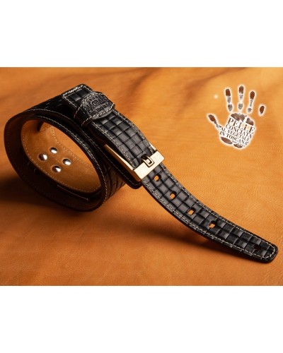 Guitar Strap Black Certified Vegetable Tanned Leather 7 Cm Tongue Intreccio Twin Buckle TS Embossed 