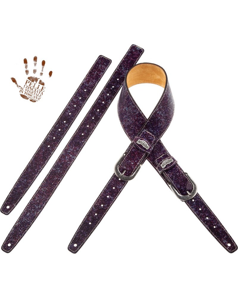 Tracolla per Chitarra e Basso Viola Vera Pelle Conciata Al Vegetale 7 Cm Round Seurat Twin Buckle TS Embossed 