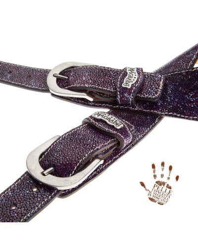 Tracolla per Chitarra e Basso Viola Vera Pelle Conciata Al Vegetale 7 Cm Round Seurat Twin Buckle TS Embossed 