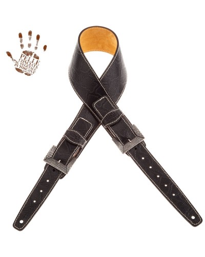 Guitar Strap Black Certified Vegetable Tanned Leather 7 Cm Scaled Snake Twin Buckle TS Embossed 