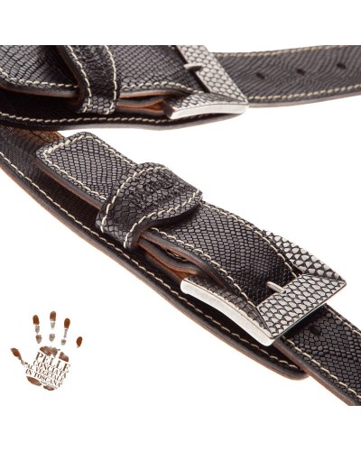 Tracolla per Chitarra e Basso Nero Vera Pelle Conciata Al Vegetale 7 Cm Scaled Snake Twin Buckle TS Embossed 