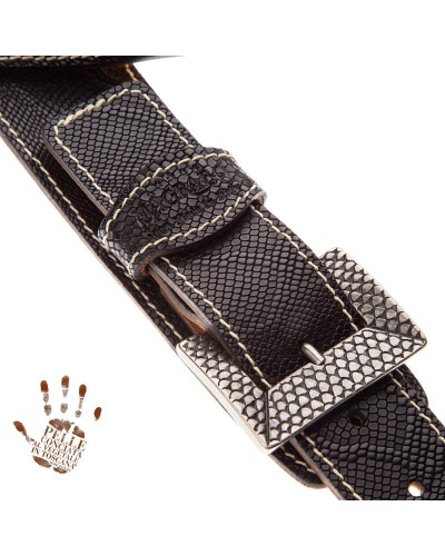 Tracolla per Chitarra e Basso Nero Vera Pelle Conciata Al Vegetale 7 Cm Scaled Snake Twin Buckle TS Embossed 