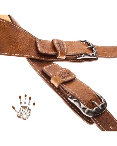 Guitar Strap Brown Certified Vegetable Tanned Leather 7 Cm Flames Spring Twin Buckle TS Embossed 