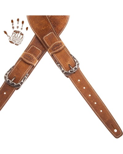 Guitar Strap Brown Certified Vegetable Tanned Leather 7 Cm Flames Spring Twin Buckle TS Embossed 