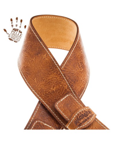 Guitar Strap Brown Certified Vegetable Tanned Leather 7 Cm Flames Spring Twin Buckle TS Embossed 