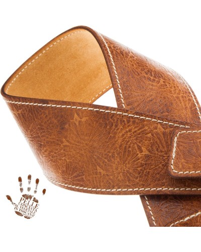 Guitar Strap Brown Certified Vegetable Tanned Leather 7 Cm Flames Spring Twin Buckle TS Embossed 