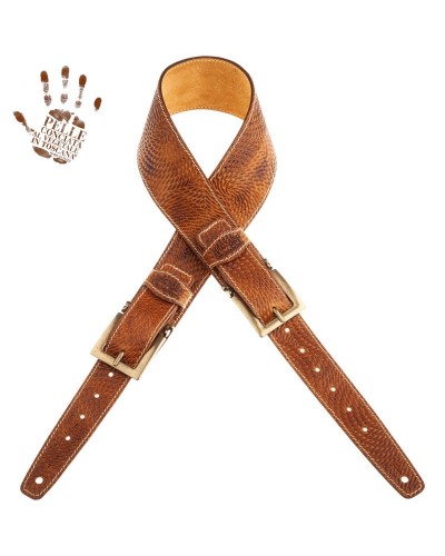 Guitar Strap Brown Certified Vegetable Tanned Leather 7 Cm Meccano Swivel Twin Buckle TS Embossed 