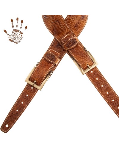 Guitar Strap Brown Certified Vegetable Tanned Leather 7 Cm Meccano Swivel Twin Buckle TS Embossed 