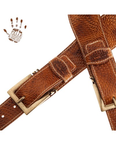 Guitar Strap Brown Certified Vegetable Tanned Leather 7 Cm Meccano Swivel Twin Buckle TS Embossed 