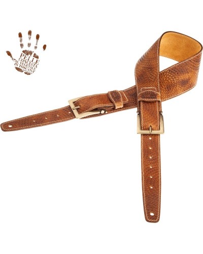 Guitar Strap Brown Certified Vegetable Tanned Leather 7 Cm Meccano Swivel Twin Buckle TS Embossed 