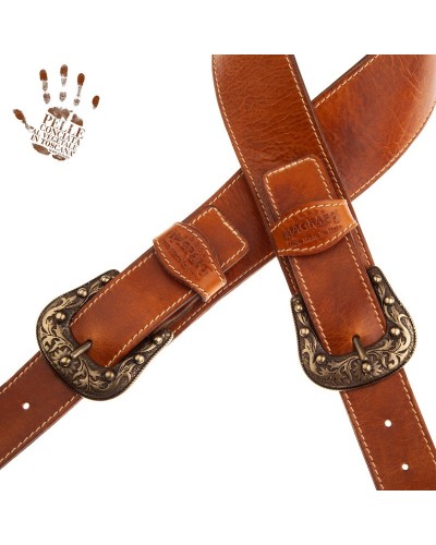 Guitar Strap Brown Certified Vegetable Tanned Leather 7 Cm Sun Twin Buckle TS Stone Washed 