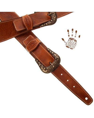 Guitar Strap Brown Certified Vegetable Tanned Leather 7 Cm Sun Twin Buckle TS Stone Washed 