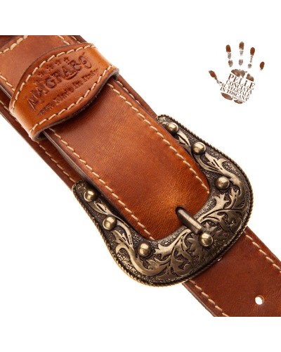 Guitar Strap Brown Certified Vegetable Tanned Leather 7 Cm Sun Twin Buckle TS Stone Washed 