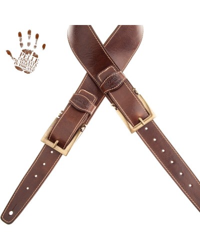 Guitar Strap Brown Certified Vegetable Tanned Leather 7 Cm Meccano Twin Buckle TS Stone Washed 