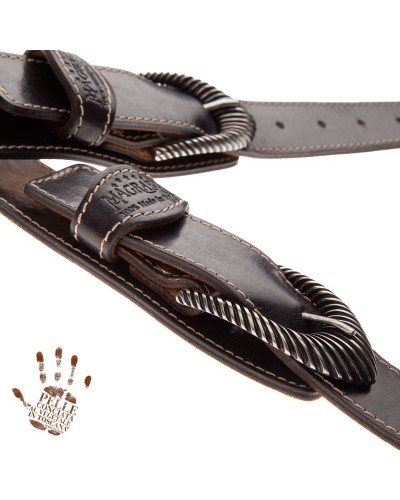 Tracolla per Chitarra e Basso Nero Vera Pelle Conciata Al Vegetale 7 Cm Groove Twin Buckle TS Stone Washed 