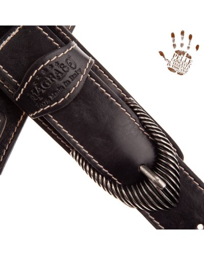 Guitar Strap Black Certified Vegetable Tanned Leather 7 Cm Groove Twin Buckle TS Stone Washed 