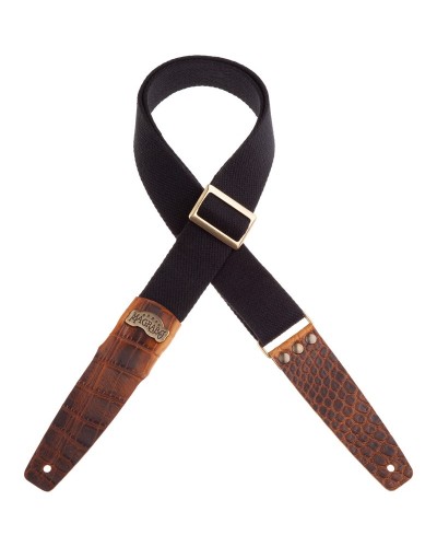 Guitar Strap Black Cotton And Genuine Leather 5 Cm Embossed Stripe SC Cotton 