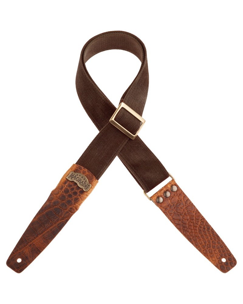 Guitar Strap Brown Cotton And Genuine Leather 5 Cm Embossed Stripe SC Cotton Washed 