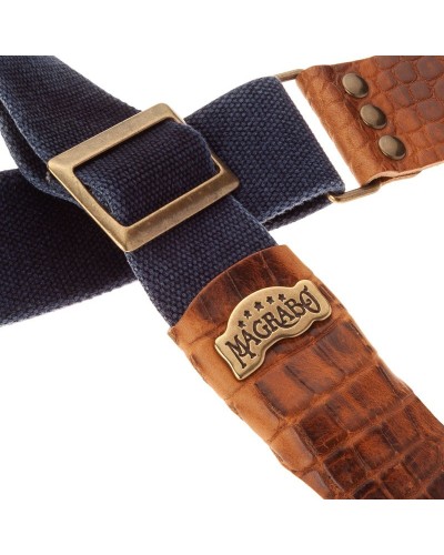 Guitar Strap Blu Cotton And Genuine Leather 5 Cm Embossed Stripe SC Cotton Washed 